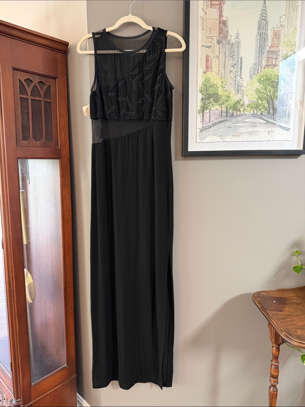 RARE NWT Vintage Roberta Black Beaded Sleeveless Gown w Mesh Cutouts. Sz 11/12